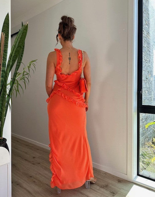 house of cb orange maxi dress Rent or Hire Designer Dresses | House of CB Pixie Flame Orange Ruffle Maxi  Dress