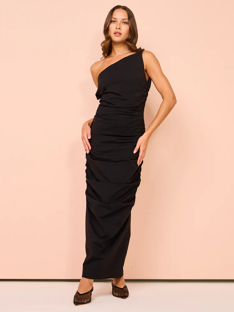 Issy One Shoulder Midi Dress - Black