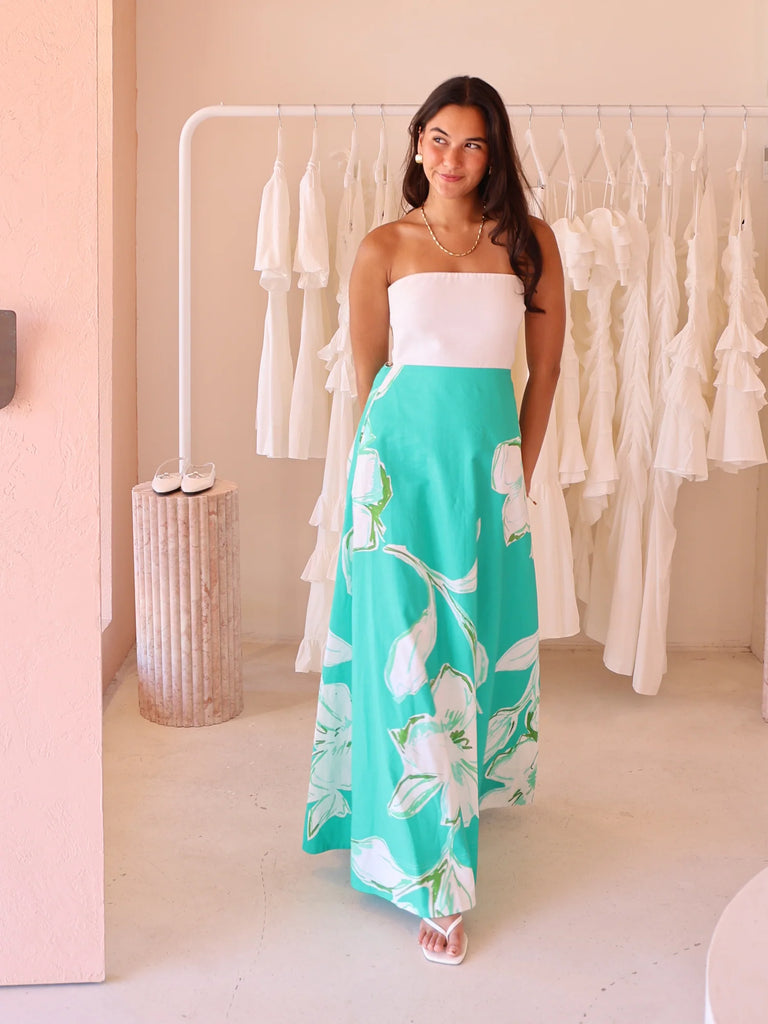 By Nicola Wavy Strapless Maxi Dress in White Verde Fleur