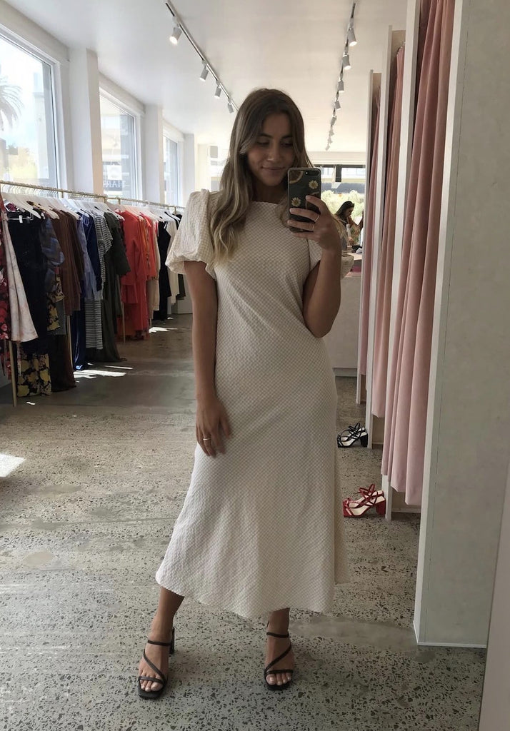 Rent or Hire Designer Dresses | RUBY Kendall Gingham Midi Dress Neutral
